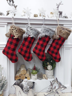 CHRISTMAS STOCKINGS 19" Buffalo Plaid Brown & Grey Faux Fur Christmas Stockings | Red Black Check Cabin Farmhouse Outdoorsmen Personalized Family Name Tag Wood