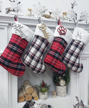 CHRISTMAS STOCKINGS 19" Red/Black/White Plaid Christmas Stockings with Sherpa Cuff Modern Farmhouse Personalized Stockings Family Xmas Tartan Wood Name Tag