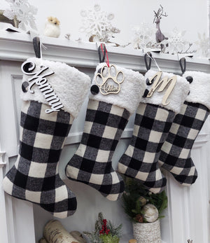 CHRISTMAS STOCKINGS 20" Black/Ivory Buffalo Plaid Christmas Stockings | Sherpa Cuff Rustic Buttons Modern Farmhouse Tartan Personalized Embroidered Name Tag