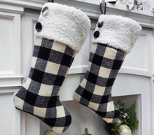 CHRISTMAS STOCKINGS 20" Black/Ivory Buffalo Plaid Christmas Stockings | Sherpa Cuff Rustic Buttons  Modern Farmhouse Tartan Personalized Embroidered Name Tag