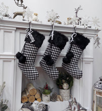CHRISTMAS STOCKINGS 20" Black White Plaid Christmas Stocking | Knit Faux Fur Pom Poms Two Tone Chic Monochromatic Holiday Decor Personalized Embroidery Name Tag