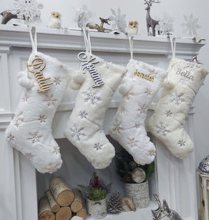 CHRISTMAS STOCKINGS 20" Fuzzy Plush Snowflake Christmas Stockings | Bright White Gold Sequins Ivory Silver Sequins Holiday Decor Personalized Wood Name Tag