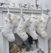 CHRISTMAS STOCKINGS 20" Fuzzy Plush Snowflake Christmas Stockings | Bright White Gold Sequins Ivory Silver Sequins Holiday Decor Personalized Wood Name Tag