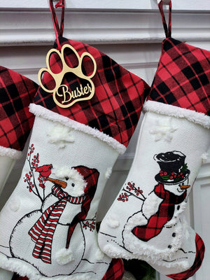 CHRISTMAS STOCKINGS 20" Winter Snowman Christmas Stocking with Custom Name Personalized Embroidered Tag Cardinal Santa Buffalo Check plaid red black