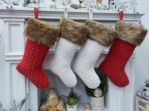 CHRISTMAS STOCKINGS 21" Personalized White Ivory Red Chunky Knit Braided Velvet Stocking with Brown Faux Fur Cuff - Classic Xmas Decor - Plush and Super Soft