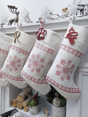 CHRISTMAS STOCKINGS 22" Cross Stitch Snowflake Country Farmhouse Christmas Stocking | Red Ivory White Simple Elegant Holiday Cottage Decor Vintage Traditional