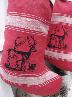 CHRISTMAS STOCKINGS 22" Red & White Banded Deer Christmas Stocking | Natural Fiber Cotton Modern Farmhouse Country Xmas Stag Style Decor Personalized Name Tag