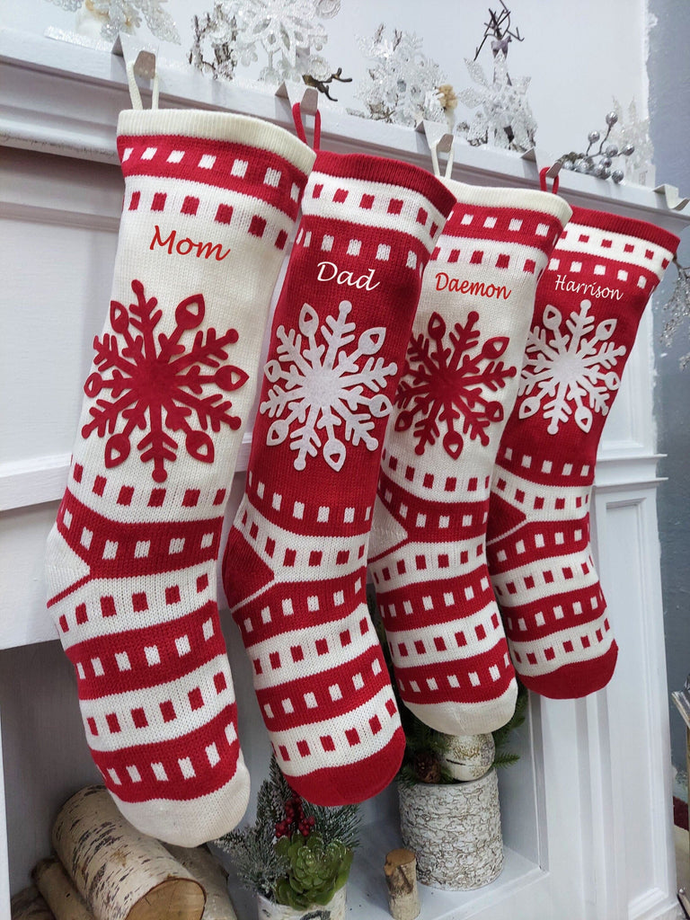 22 Sweater Knit Red White Christmas Stockings Snowflake Scandinavian Nordic Modern Holiday Theme Minimalist Look Custom Name Tag Monogram