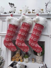 CHRISTMAS STOCKINGS 23" Fair Isle Snowflake Christmas Stocking | Red White Knit with Pom Poms Faux Fur Cuff Fun Festive Xmas Decor Personalized Wood Name Tag