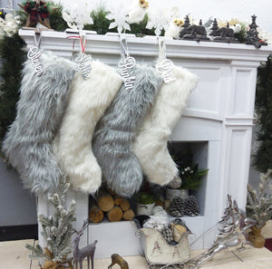 CHRISTMAS STOCKINGS 23" Faux Fur Christmas Stockings White Ivory Grey Long Fur Personalized with Cutout Wood Name Tag Lodge Woodland Custom Xmas Decor