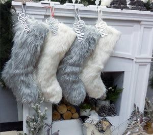 CHRISTMAS STOCKINGS 23" Faux Fur Christmas Stockings White Ivory Grey Long Fur Personalized with Cutout Wood Name Tag Lodge Woodland Custom Xmas Decor