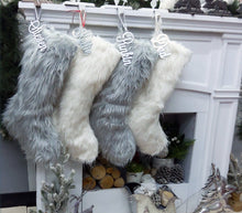 CHRISTMAS STOCKINGS 23" Faux Fur Christmas Stockings  White Ivory Grey Long Fur Personalized with Cutout Wood Name Tag Lodge Woodland Custom Xmas Decor