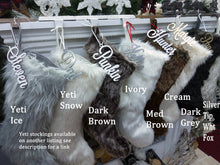 CHRISTMAS STOCKINGS 23" Faux Fur Christmas Stockings  White Ivory Grey Long Fur Personalized with Cutout Wood Name Tag Lodge Woodland Custom Xmas Decor