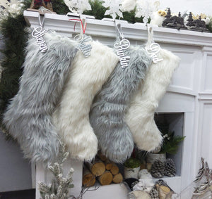 CHRISTMAS STOCKINGS 23" Faux Fur Christmas Stockings White Ivory Grey Long Fur Personalized with Cutout Wood Name Tag Lodge Woodland Custom Xmas Decor
