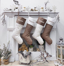 CHRISTMAS STOCKINGS 23" Minimalist Farmhouse Style Christmas Stockings | White Brown Boho Modern Country Style Decor Personalized Embroidered Name Wood Tag