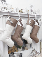 CHRISTMAS STOCKINGS 23" Minimalist Farmhouse Style Christmas Stockings | White Brown Boho Modern Country Style Decor Personalized Embroidered Name Wood Tag