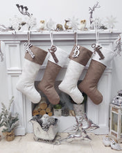 CHRISTMAS STOCKINGS 23" Minimalist Farmhouse Style Christmas Stockings | White Brown Boho Modern Country Style Decor Personalized Embroidered Name Wood Tag