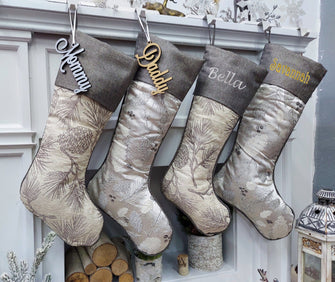 CHRISTMAS STOCKINGS 24" Evergreen Pinecone & Holly Taupe Beige Grey Jacquard Christmas Stockings Embroidered Engraved Name Tag Luxurious Elegant Decoration 2023