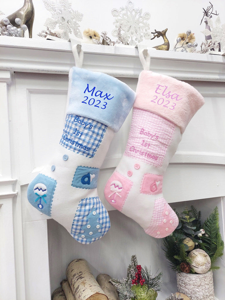 Baby's 1st Christmas Stocking Blue Pink Patchwork Cute Buttons