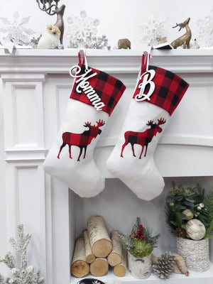 CHRISTMAS STOCKINGS Buffalo Plaid Moose Christmas Stocking | Bright White/Red Black Check Woodland Rustic Farmhouse Decor Personalized Embroidery name tag