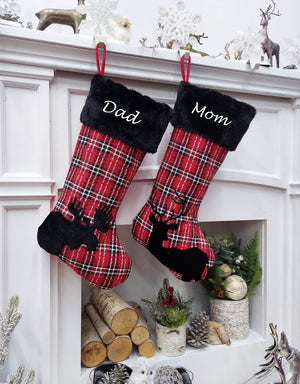 CHRISTMAS STOCKINGS Buffalo Plaid Moose & Deer Christmas Stocking | Red Black White Check Cabin Farmhouse Lumberjack Personalized Family Name Tag Wood