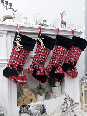 CHRISTMAS STOCKINGS Buffalo Plaid Moose & Deer Christmas Stocking | Red Black White Check Cabin Farmhouse Lumberjack Personalized Family Name Tag Wood