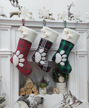 CHRISTMAS STOCKINGS Buffalo Plaid Paw Dog Puppy Stockings Personalized with Pet's Name