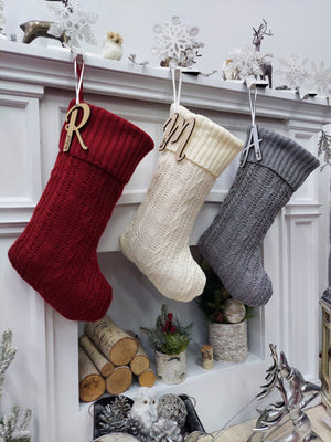 CHRISTMAS STOCKINGS Burgundy | Ivory | Grey | Cable Knit Christmas Stockings Personalized with Cutout Wood Name Tag Custom Embroidered Xmas Modern Decor