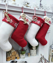 CHRISTMAS STOCKINGS Classic Red & White Knit Christmas Stockings | High Quality Premium Knit with Snowflakes Personalized with Wood Name Tag