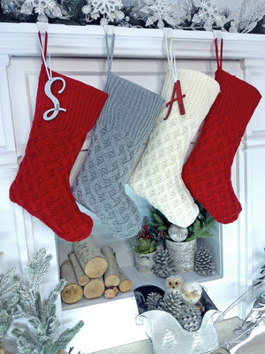 CHRISTMAS STOCKINGS Cozy Cable Knit Trellis Personalized Christmas Stocking Dark Red Grey Ivory Knitted Custom Embroidered Names