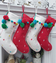 CHRISTMAS STOCKINGS Cute Boho Pom Pom Christmas Stockings Modern in Red White with Fun Dots Confetti Personalized with Name for Her, Girls or Family Holidays