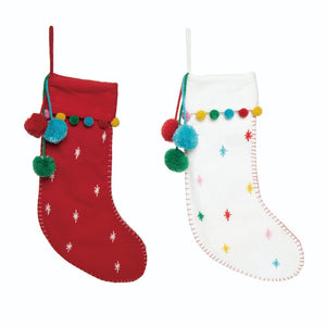CHRISTMAS STOCKINGS Cute Boho Pom Pom Christmas Stockings Modern in Red White with Fun Dots Confetti Personalized with Name for Her, Girls or Family Holidays