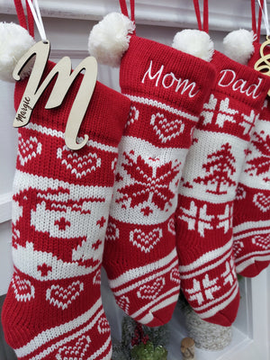 CHRISTMAS STOCKINGS Embroidered Red White Fair Isle Personalized 20" Knitted Christmas Stockings Intarsia Knit Modern Snowflake Reindeer Tree Pom Pom Kids Xmas