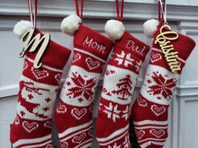 CHRISTMAS STOCKINGS Embroidered Red White Fair Isle Personalized 20" Knitted Christmas Stockings Intarsia Knit Modern Snowflake Reindeer Tree Pom Pom Kids Xmas