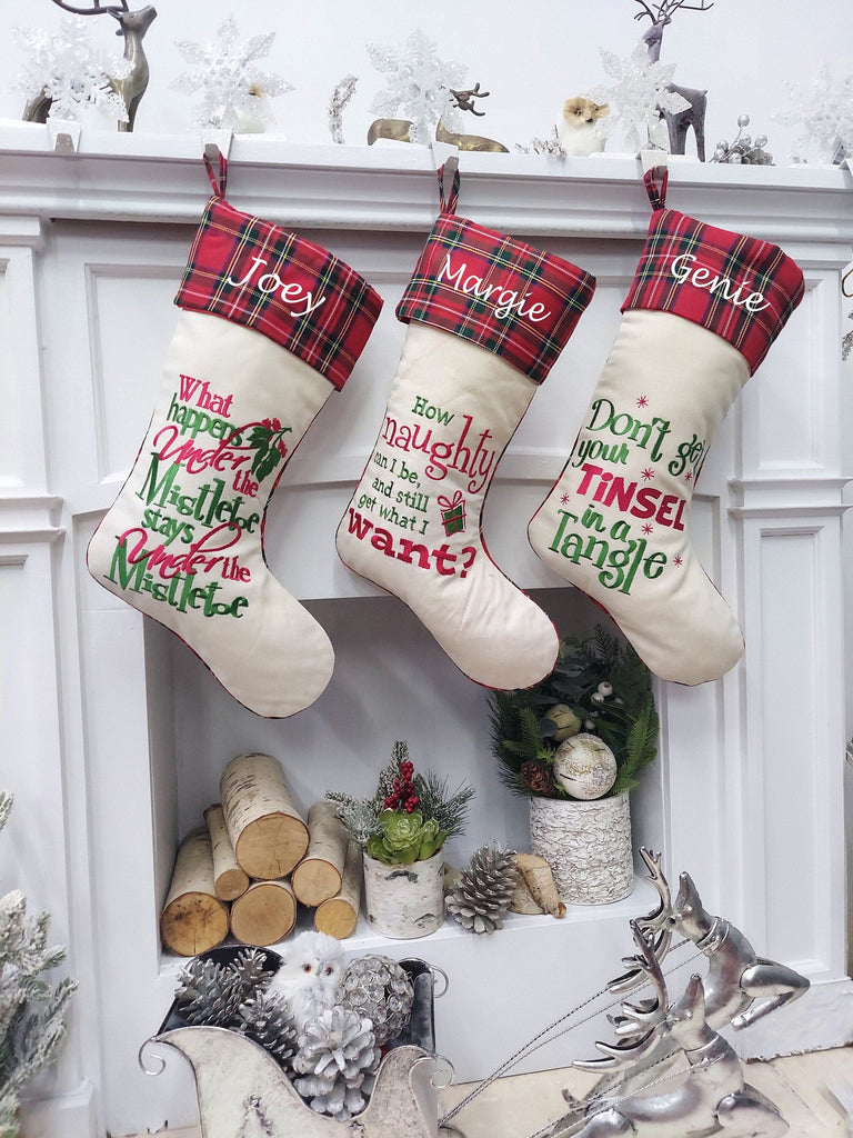 Funny Christmas Stockings Plaid Tartan Naughty Tinsel Mistletoe Gag Stocking Factory 