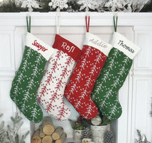 CHRISTMAS STOCKINGS Knitted Personalized Christmas Stocking White Red Green Knit Tree with Embroidered Names Family Set