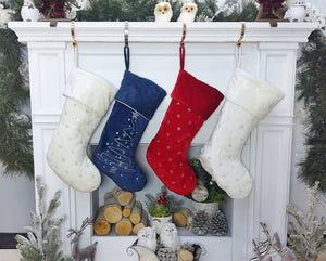 CHRISTMAS STOCKINGS Personalized Christmas Stockings - Blue White Red Velveteen 20" with sequins Christmas Stocking Embroidered with Names Velvet Stockings