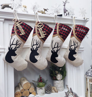 CHRISTMAS STOCKINGS Rustic Deer Buffalo Plaid Christmas Stocking | Natural Burlap Jute Fiber Buttons Farmhouse Country Ranch Style Decor Personalized Name Tag