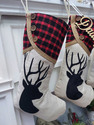 CHRISTMAS STOCKINGS Rustic Deer Buffalo Plaid Christmas Stocking | Natural Burlap Jute Fiber Buttons Farmhouse Country Ranch Style Decor Personalized Name Tag