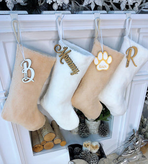 CHRISTMAS STOCKINGS Teddy Sherpa Christmas Stocking Boho Neutral Personalized Initial Dog Paw Name Tag or Embroidered Ivory Blush Christmas Family Stockings