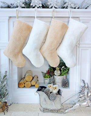 CHRISTMAS STOCKINGS Teddy Sherpa Christmas Stocking Boho Neutral Personalized Initial Dog Paw Name Tag or Embroidered Ivory Blush Christmas Family Stockings