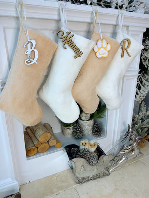 CHRISTMAS STOCKINGS Teddy Sherpa Christmas Stocking Boho Neutral Personalized Initial Dog Paw Name Tag or Embroidered Ivory Blush Christmas Family Stockings