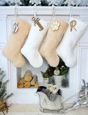 CHRISTMAS STOCKINGS Teddy Sherpa Christmas Stocking Boho Neutral Personalized Initial Dog Paw Name Tag or Embroidered Ivory Blush Christmas Family Stockings
