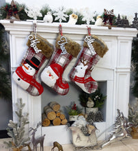 CHRISTMAS STOCKINGS Whimsical Plaid Faux Fur Christmas Stockings Woodland Santa Snowman Reindeer Stocking Personalized Embroidery Burgundy Family Modern Holiday