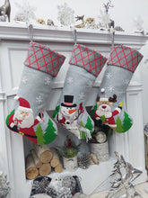 CHRISTMAS STOCKINGS Whimsical Santa Snowman Reindeer Grey Christmas Stockings | Festive Winter Kids Personalized Christmas Stockings Embroidered Name Wood Tag