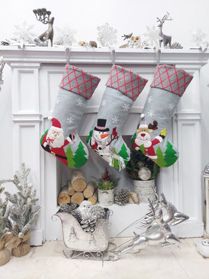 CHRISTMAS STOCKINGS Whimsical Santa Snowman Reindeer Grey Christmas Stockings | Festive Winter Kids Personalized Christmas Stockings Embroidered Name Wood Tag