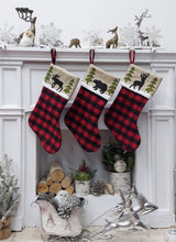 CHRISTMAS STOCKINGS Winter Woodlands Buffalo Plaid Christmas Stocking | Faux Burlap Cuff Deer Bear Moose Great Outdoors Farmhouse Rustic Style Personalized Name