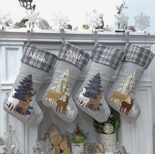 CHRISTMAS STOCKINGS Woodland Deer Christmas Stocking | Grey Plaid Faux Fur Tree Modern Gold Farmhouse Fawn Rustic Style Personalized Embroidered Name Tag