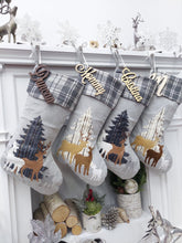 CHRISTMAS STOCKINGS Woodland Deer Christmas Stocking | Grey Plaid Faux Fur Tree Modern Gold Farmhouse Fawn Rustic Style Personalized Embroidered Name Tag
