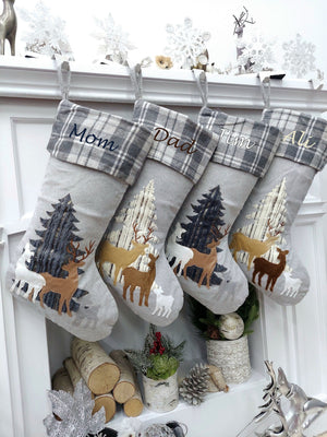 CHRISTMAS STOCKINGS Woodland Deer Christmas Stocking | Grey Plaid Faux Fur Tree Modern Gold Farmhouse Fawn Rustic Style Personalized Embroidered Name Tag